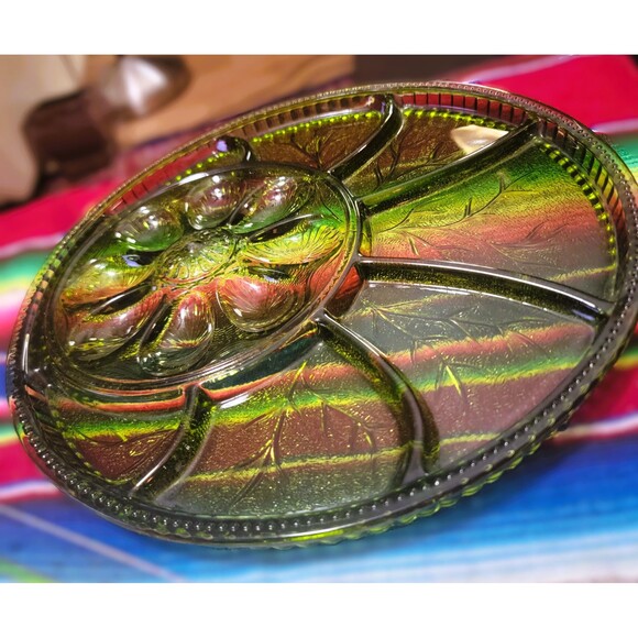 Indiana Green Glass Deviled Egg & Relish Dish‎ Serving Platter 13" Entertaining - Picture 2 of 11
